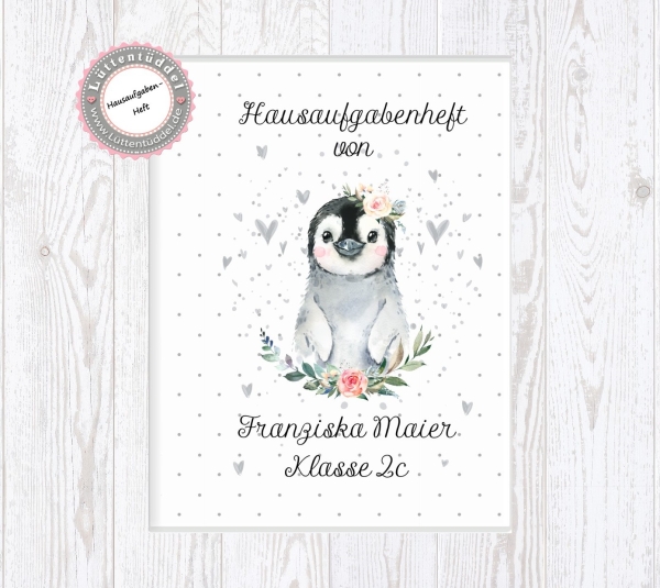 zuckersüßer Schulheft Umschlag Pinguin Hausaufgabenheft in seperater Hochwertiger Hülle von Lüttentüddel®